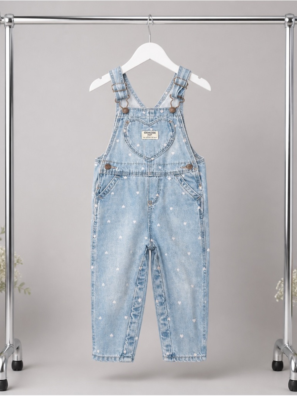 OshKosh B'gosh Light Wash Denim Overalls with White Hearts C